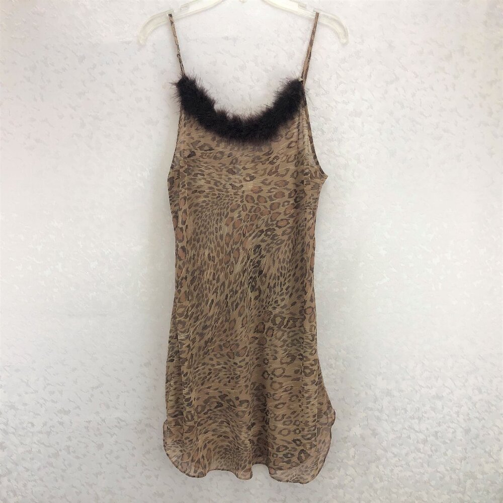 Secret Treasures Vintage Leopard Print Chemise Lingerie with Faux Fur Size M